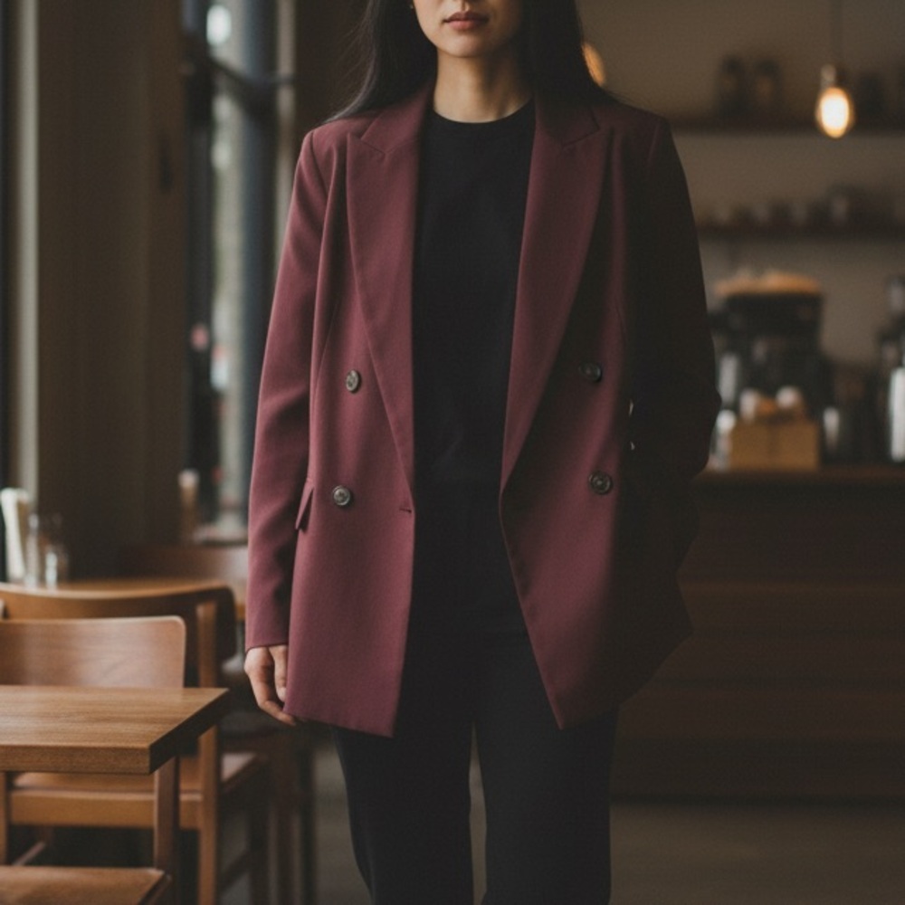 A New Day Burgundy Double Breasted Oversized Notch Collar Blazer Size Small